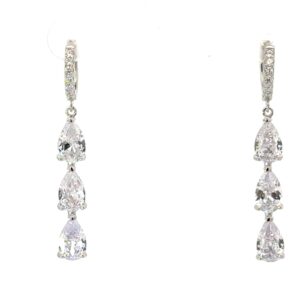 Sterling Silver rhodium plated dangle pear shape drop cubic zirconia huggie earring
