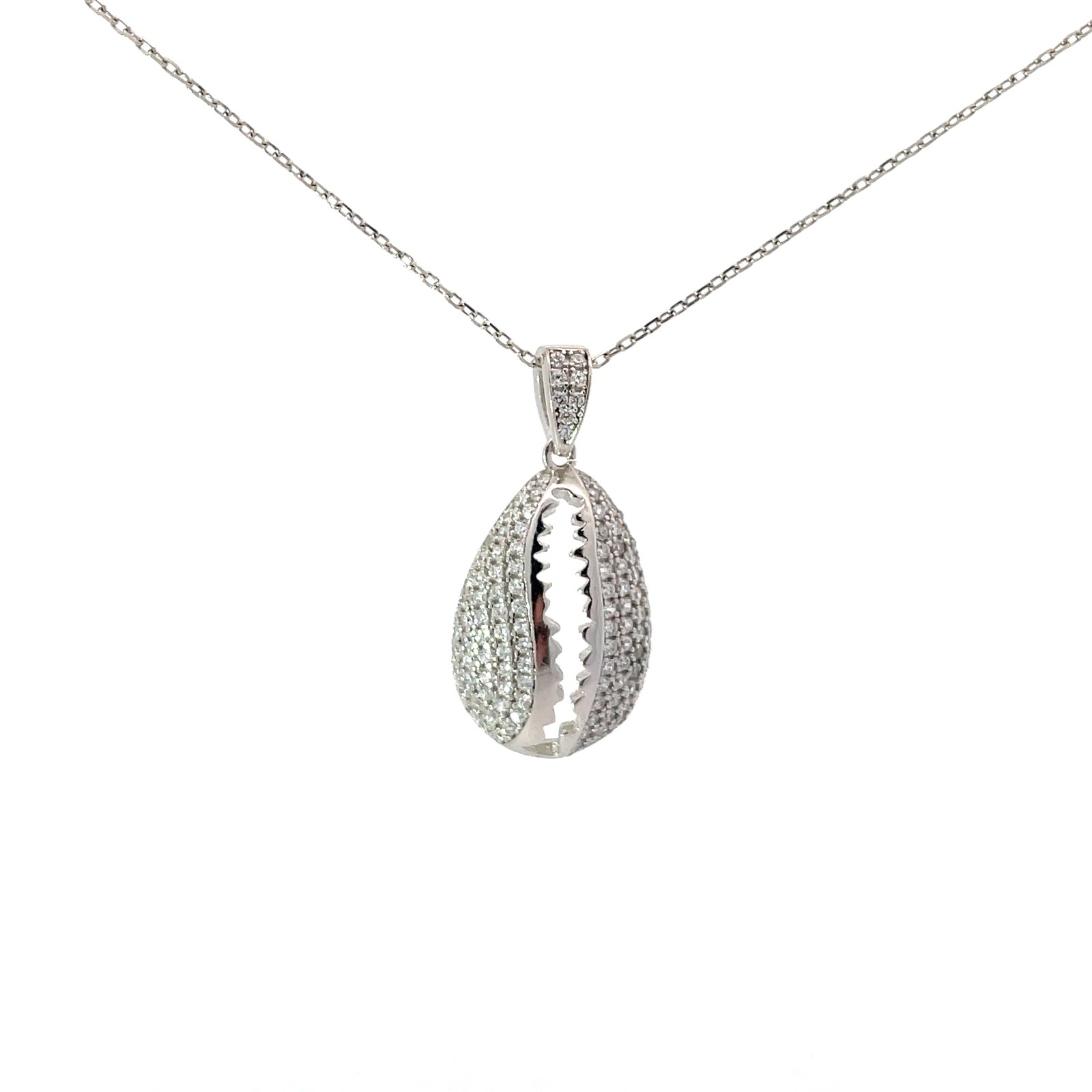 TRSKKK .jpg Sterling Silver cz dangle sea shell necklace on adjust chain rhod plated