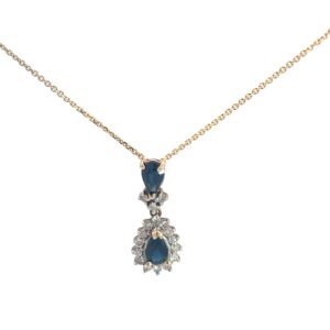 14KT Y/G SAPPHIRE/ DIAM PEND 2 PEAR SAPPH 0.75PTS 17 RND DIA 0.25PTS