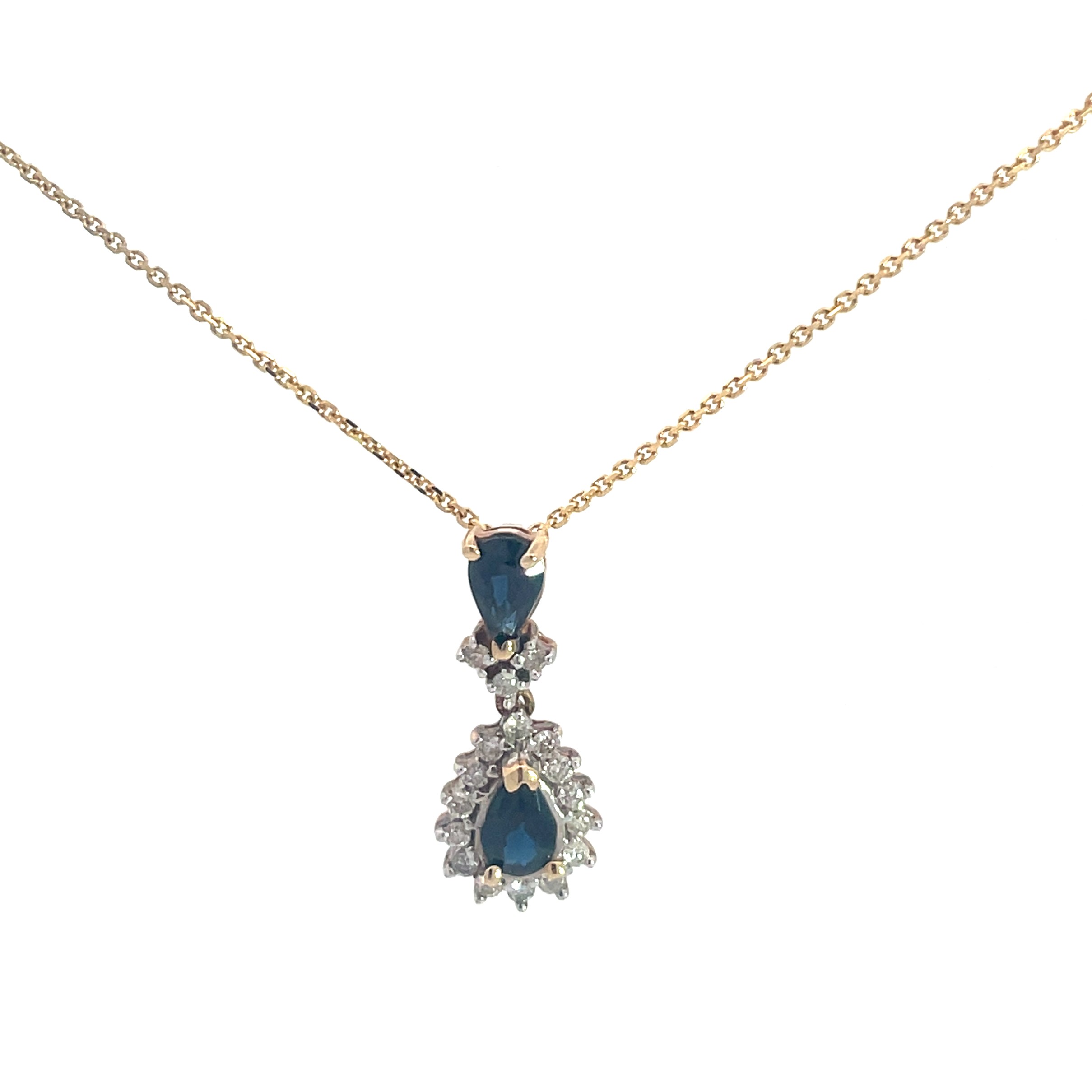 14KT Y/G SAPPHIRE/ DIAM PEND 2 PEAR SAPPH 0.75PTS 17 RND DIA 0.25PTS