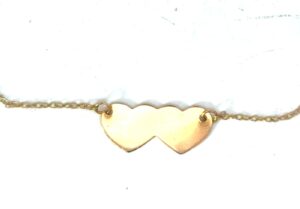 14kt yellow gold double heart ankle bracelet with spring ring clap 9" long