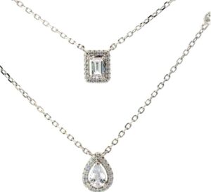 Sterling Silver emerald and pear shape cz layered necklace adjust chain rhod plated
