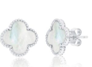 Sterling Silver rhodium plated mother of pearl clover stud earring