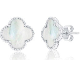 d .jpg Sterling Silver rhodium plated mother of pearl clover stud earring