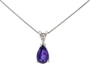 14kt white gold solitare pear shape amethyst pendant on serpintine chain 18"