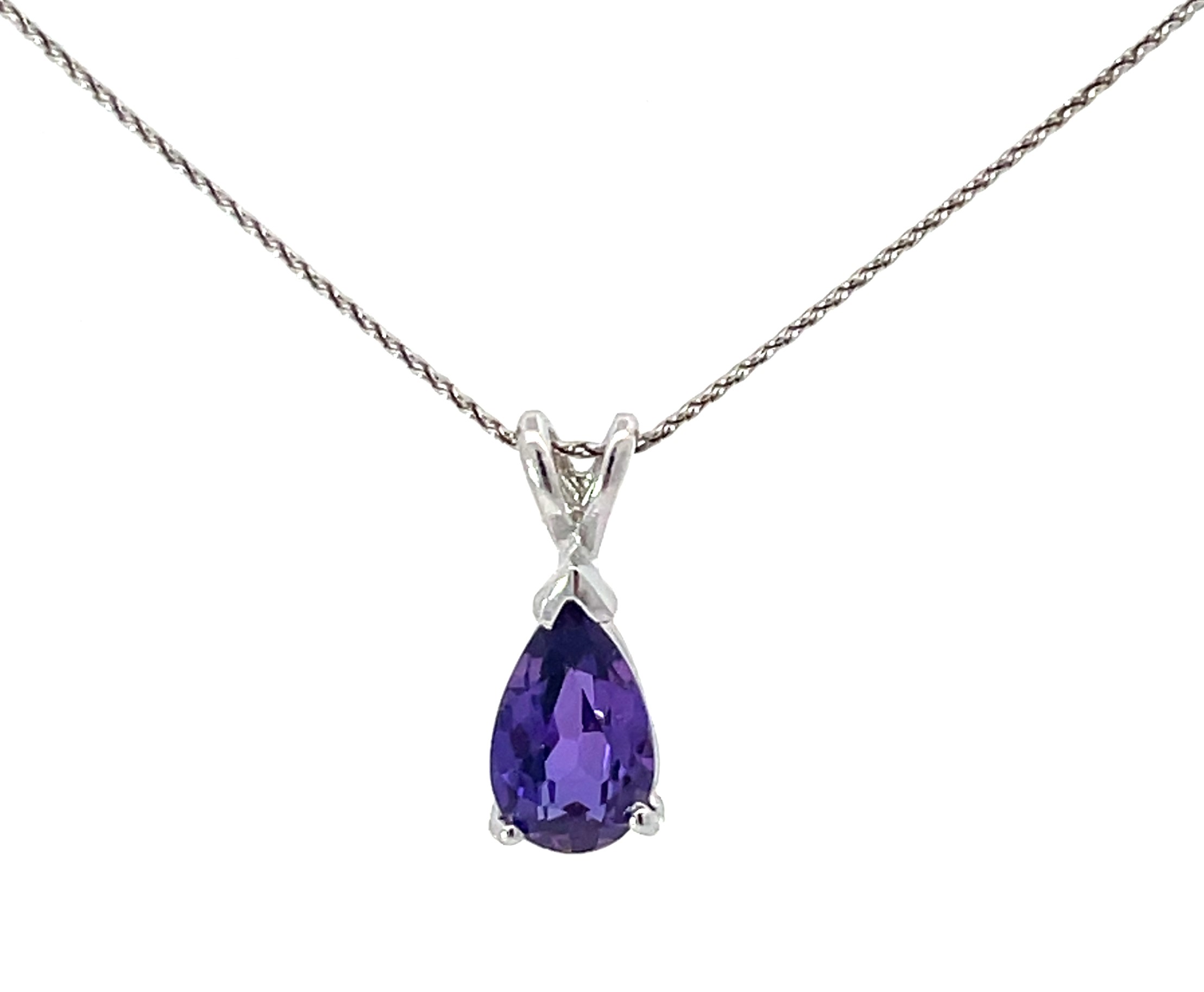 14kt white gold solitare pear shape amethyst pendant on serpintine chain 18"