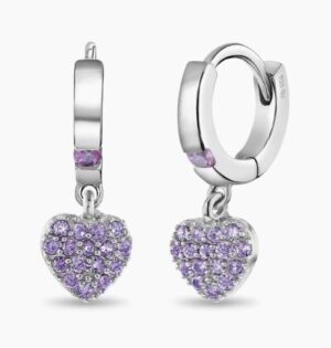 Sterling Silver pave puffed purple cz heart huggie hoop earring