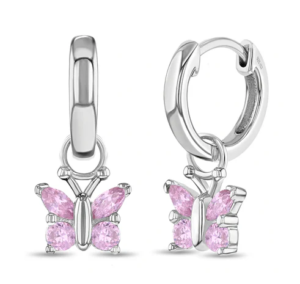 Sterling Silver pink cubic zirconia butterfly dangle huggie hoop earring