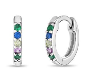 Sterling Silver rhodium plated colorful cubic zirconia huggie hoop earring